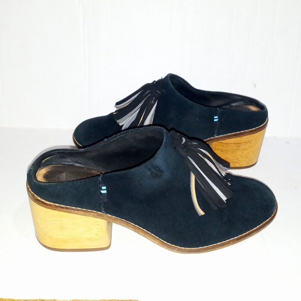 Toms Leila Tassel Muscat Suede Mules-Size 8.5-Chunky Wood Block Heel-Slip On - Picture 3 of 11